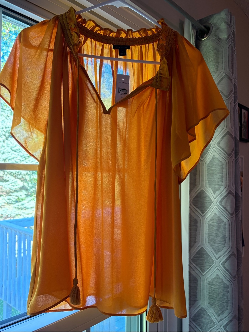 Ann Taylor Mustard-Tone Sheer Tassel Blouse
